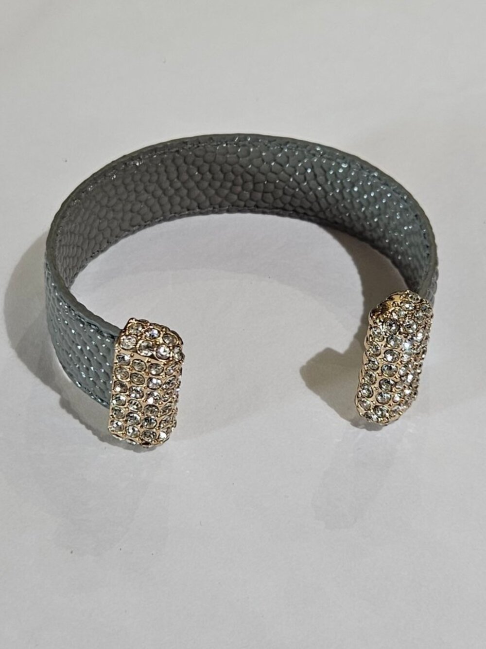 Grey Pebbled Faux Leather Cuff Bracelet Goldtone Clear Rhinestone Pave 7 inches